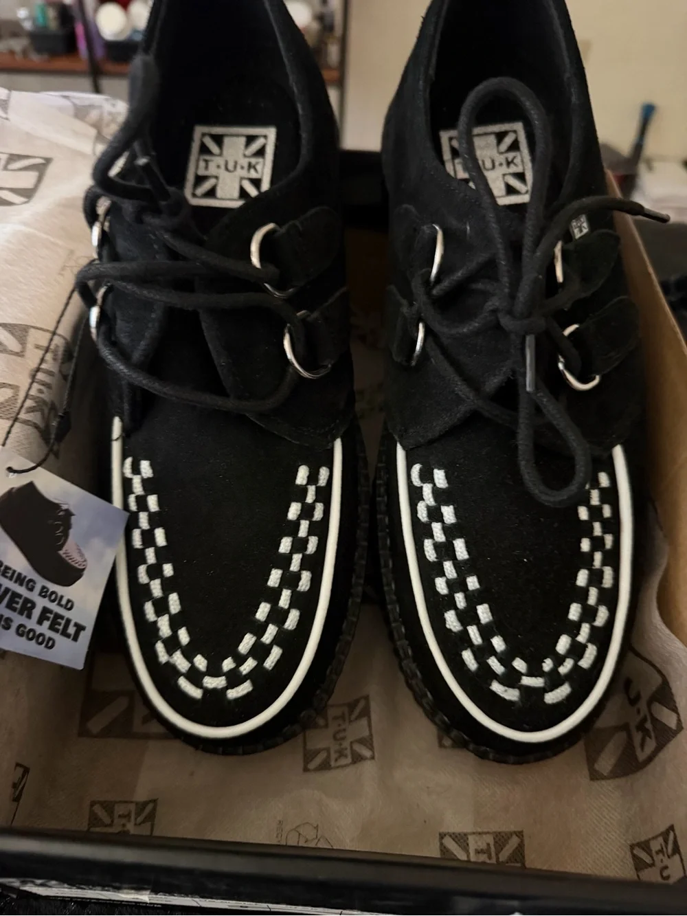 T.U.K Black Suede Creeper Shoes with White Stitching and Piping